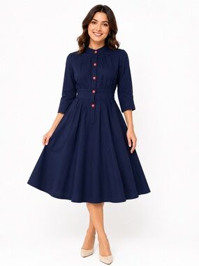 Kids Navy Dress with Red Button Accents